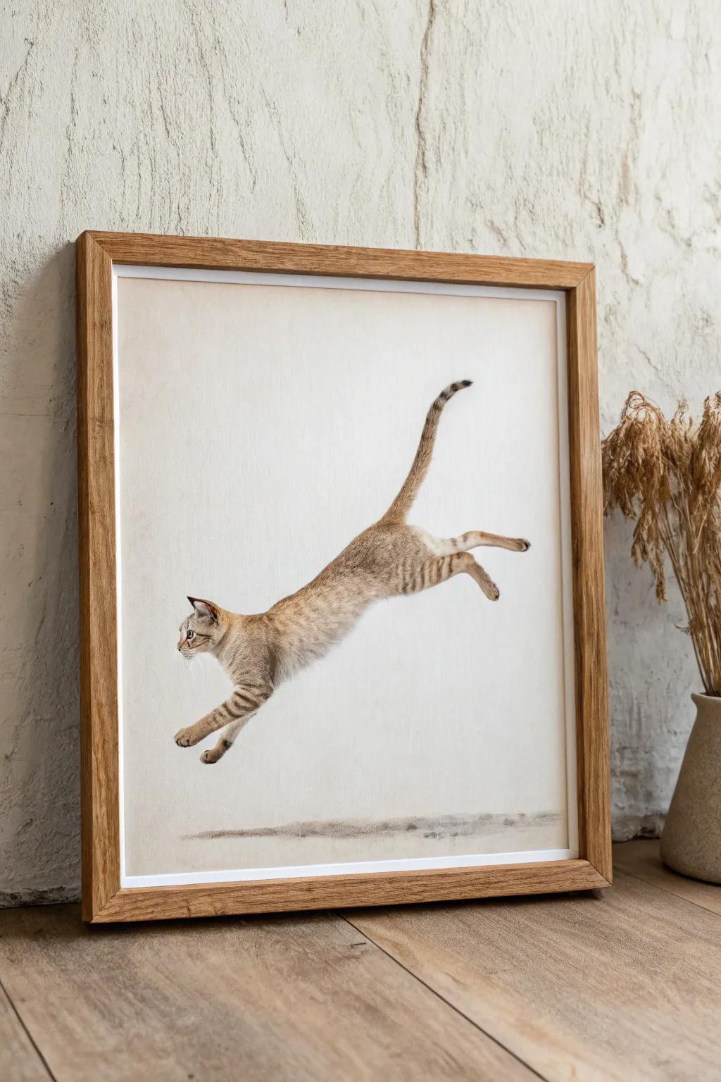 Capture the grace and energy of your feline friend with a dynamic action shot painting.
