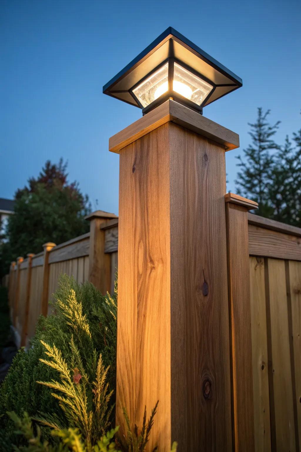 Eco-friendly elegance: Illuminate your space with cedar posts and solar lights.