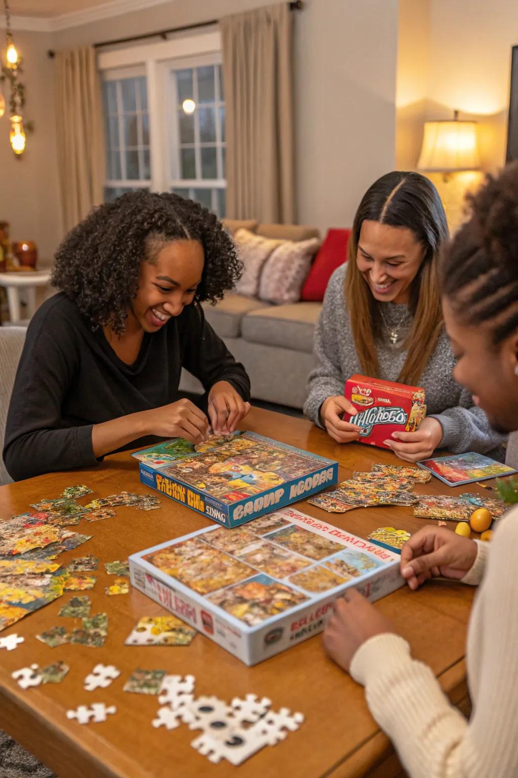 A table with puzzle pieces of cereal box images and guests playing.