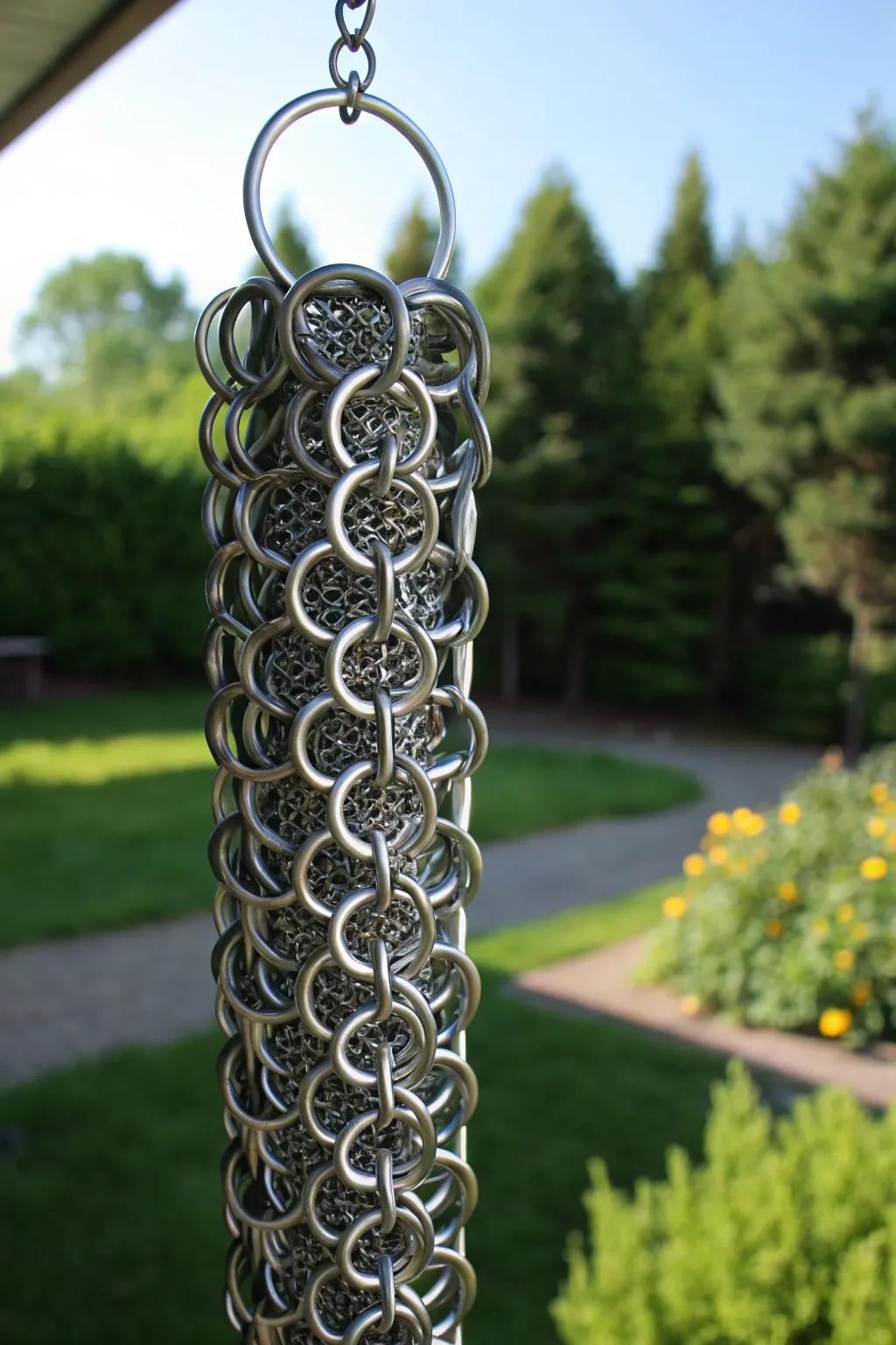 Experience tranquility with the soothing sounds of a chainmail wind chime.