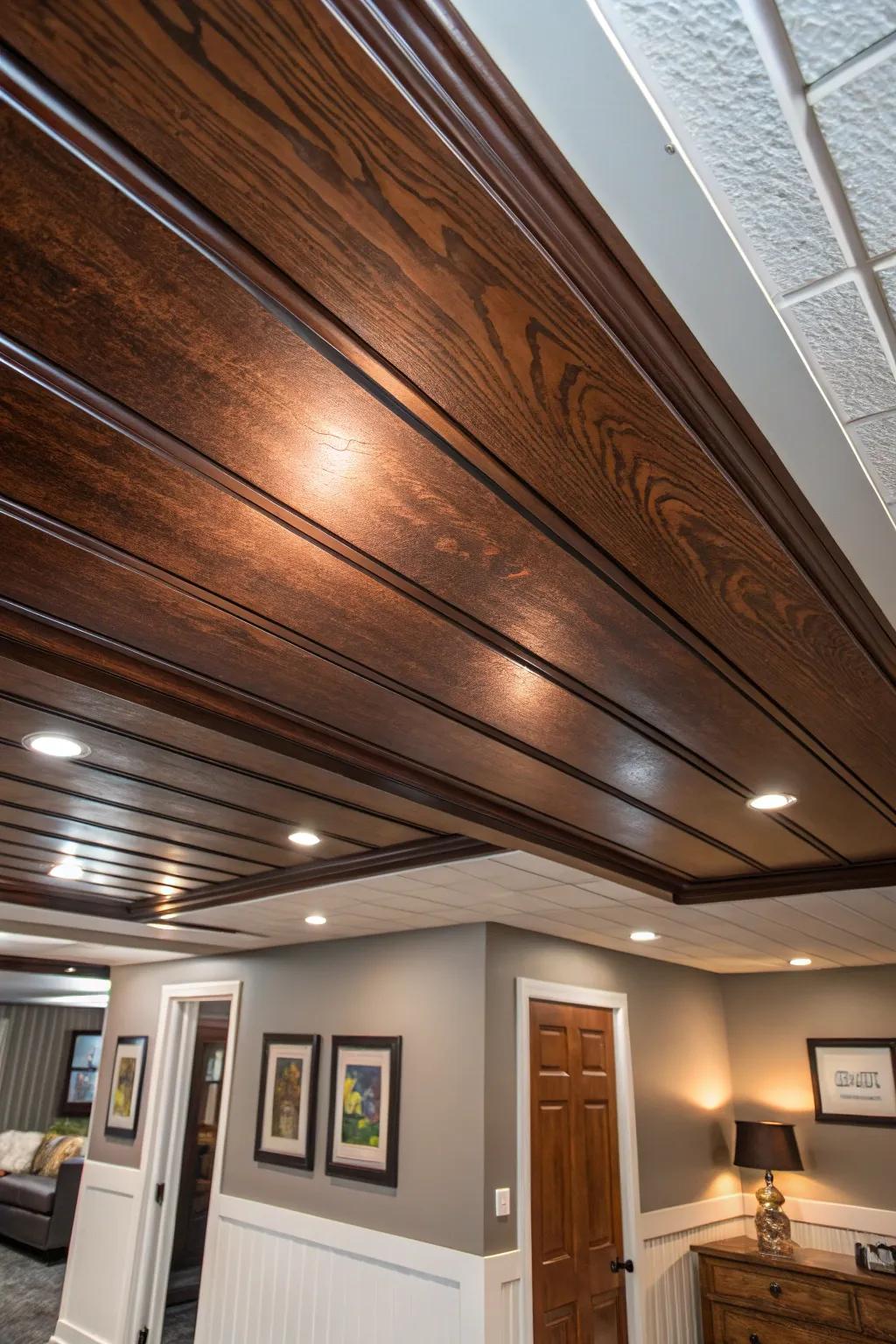 Elevate your basement with stylish vinyl panels that offer the elegance of wood without breaking the bank.
