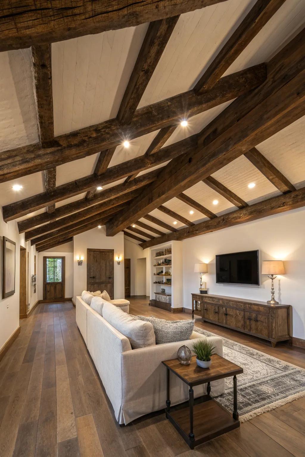 Transform your space with rustic charm: Add wooden beams for a ceiling that captivates and elevates.