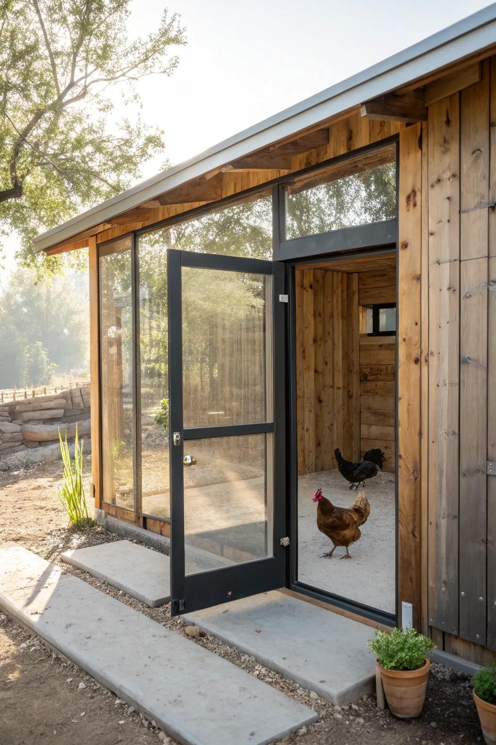 Let the light in with a sleek plexiglass door for a modern chicken coop upgrade.
