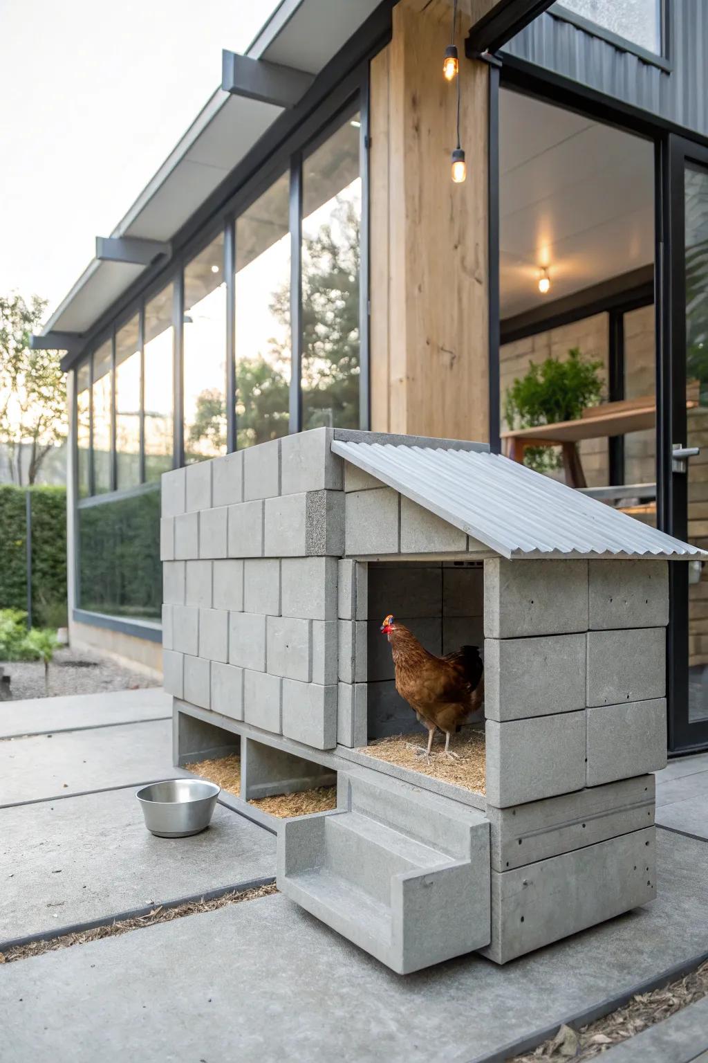 Elevate your coop with sleek concrete block roosts for a modern touch.