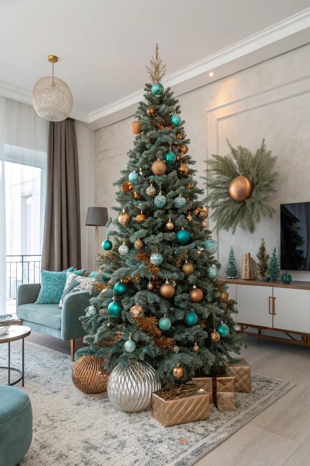 A chic Christmas with teal and copper.