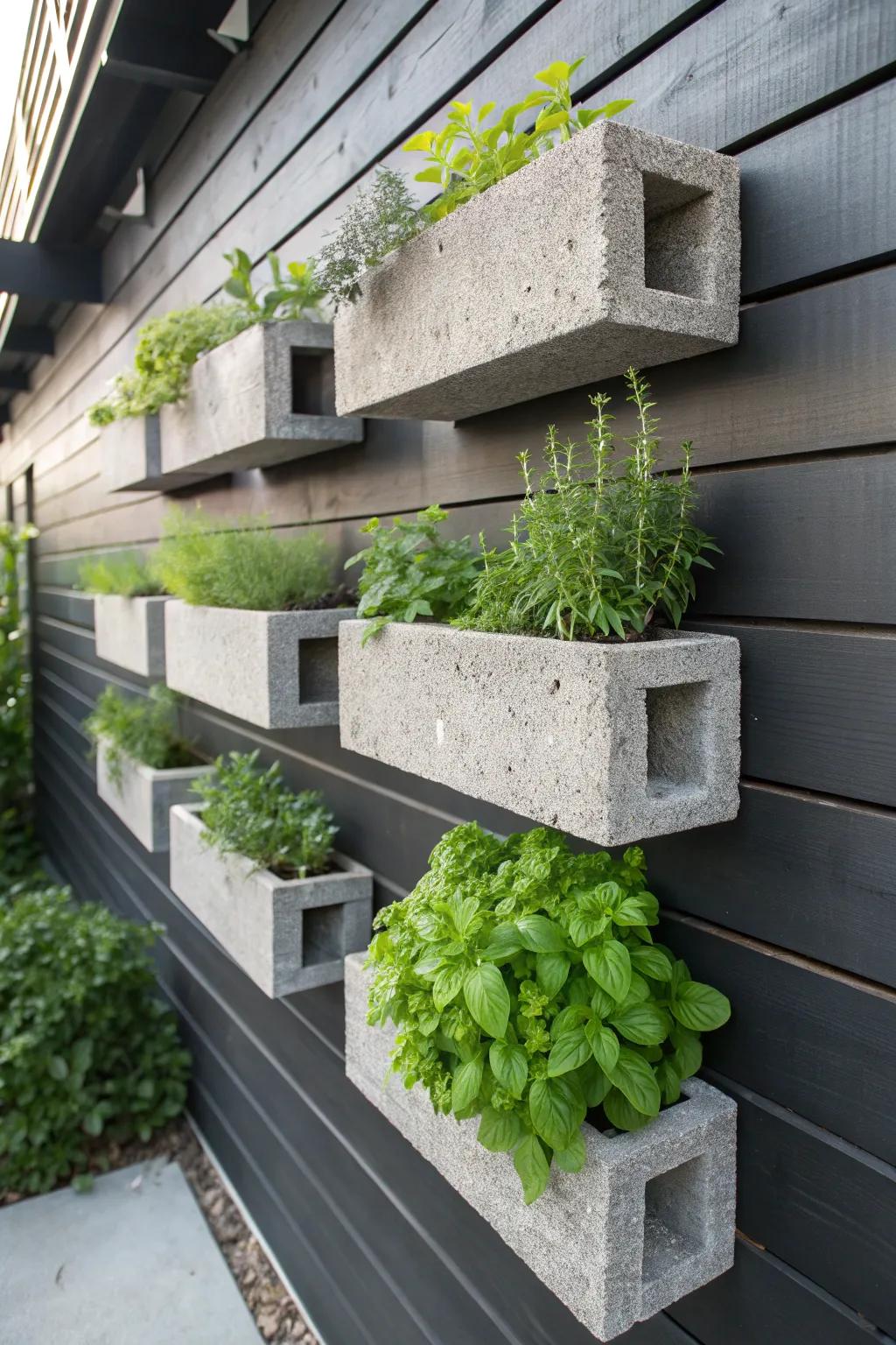 Elevate your space with chic floating cinder block planters, perfect for a vertical herb garden.