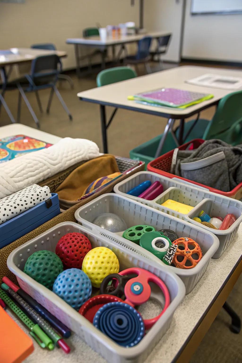 Caddies filled with sensory tools for student support