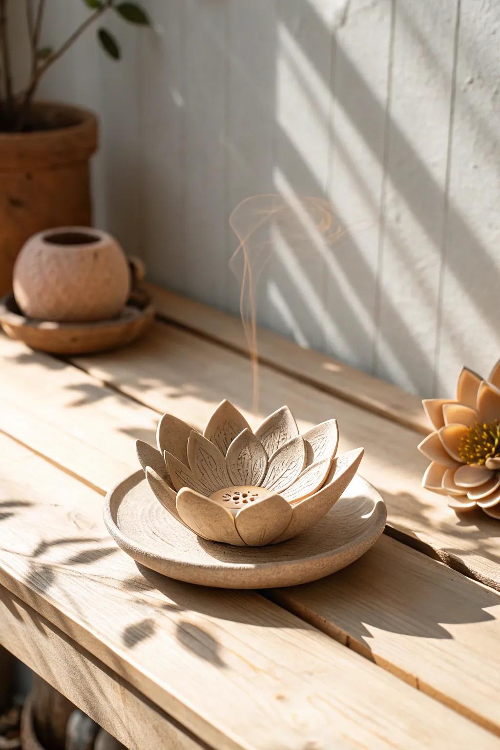 Elevate your meditation space with handcrafted clay lotus incense holders.