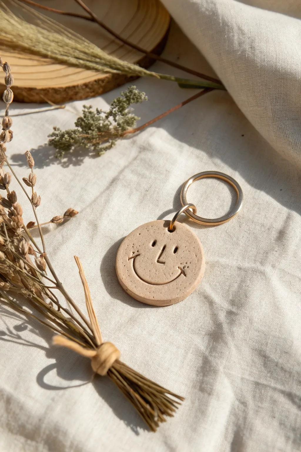 Spread joy with a minimalist smiley face keychain—crafted with love and simplicity.