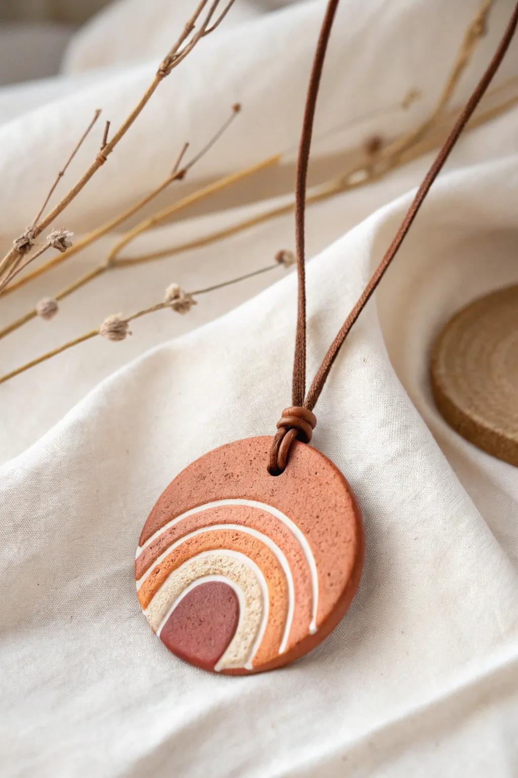 Embrace the elegance of ombre with this handcrafted clay pendant. Perfect for adding a touch of boho to your minimalist style.