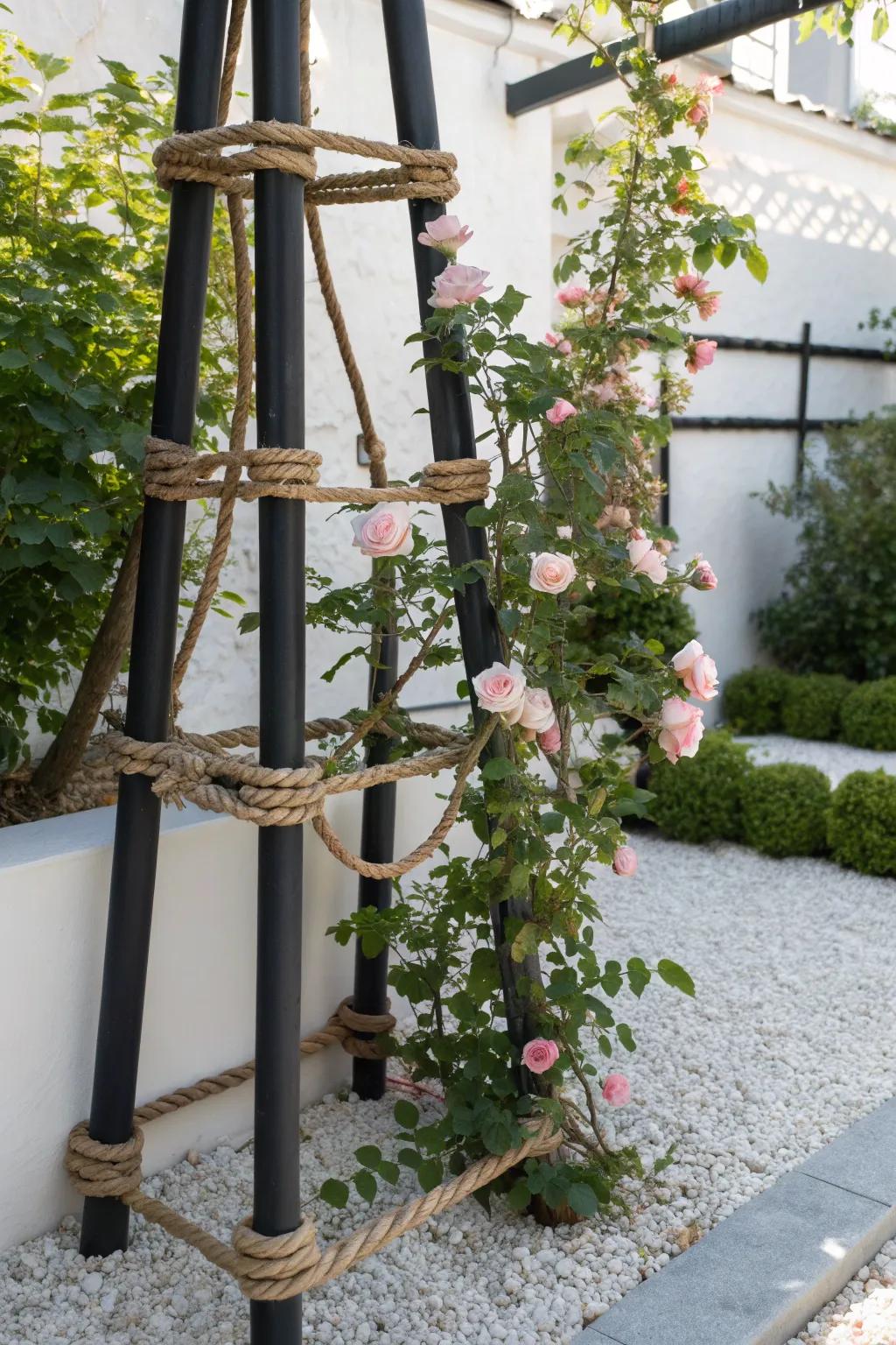 Elevate your garden with a chic pipe and rope rose support—where industrial meets nature.