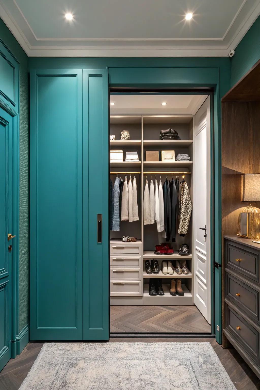 Elevate your closet with a bold teal accent wall for a refreshing pop of color every day.