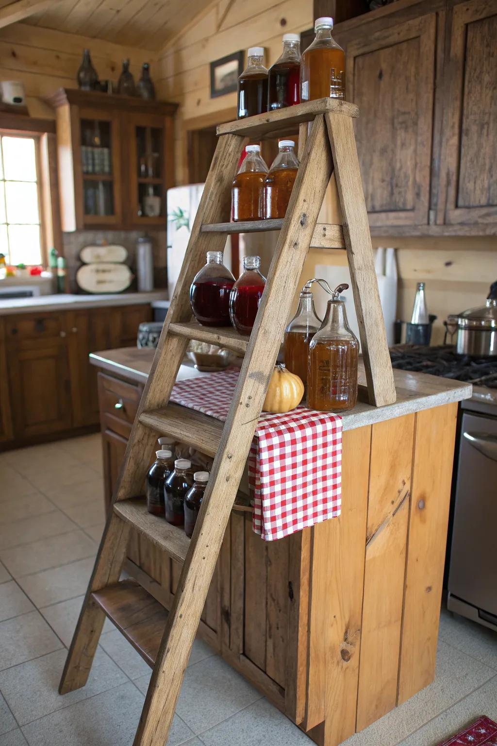 Wooden ladder repurposed as a unique syrup display.