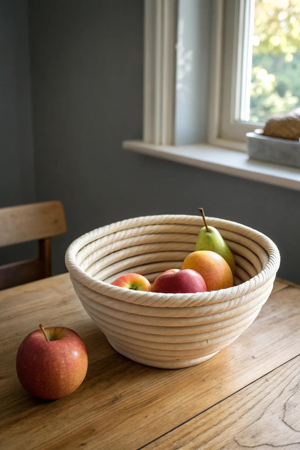 Elevate your kitchen space with the natural elegance of a handcrafted coil fruit basket. 🍏✨ #ScandinavianStyle #BohoChic #MinimalistDesign