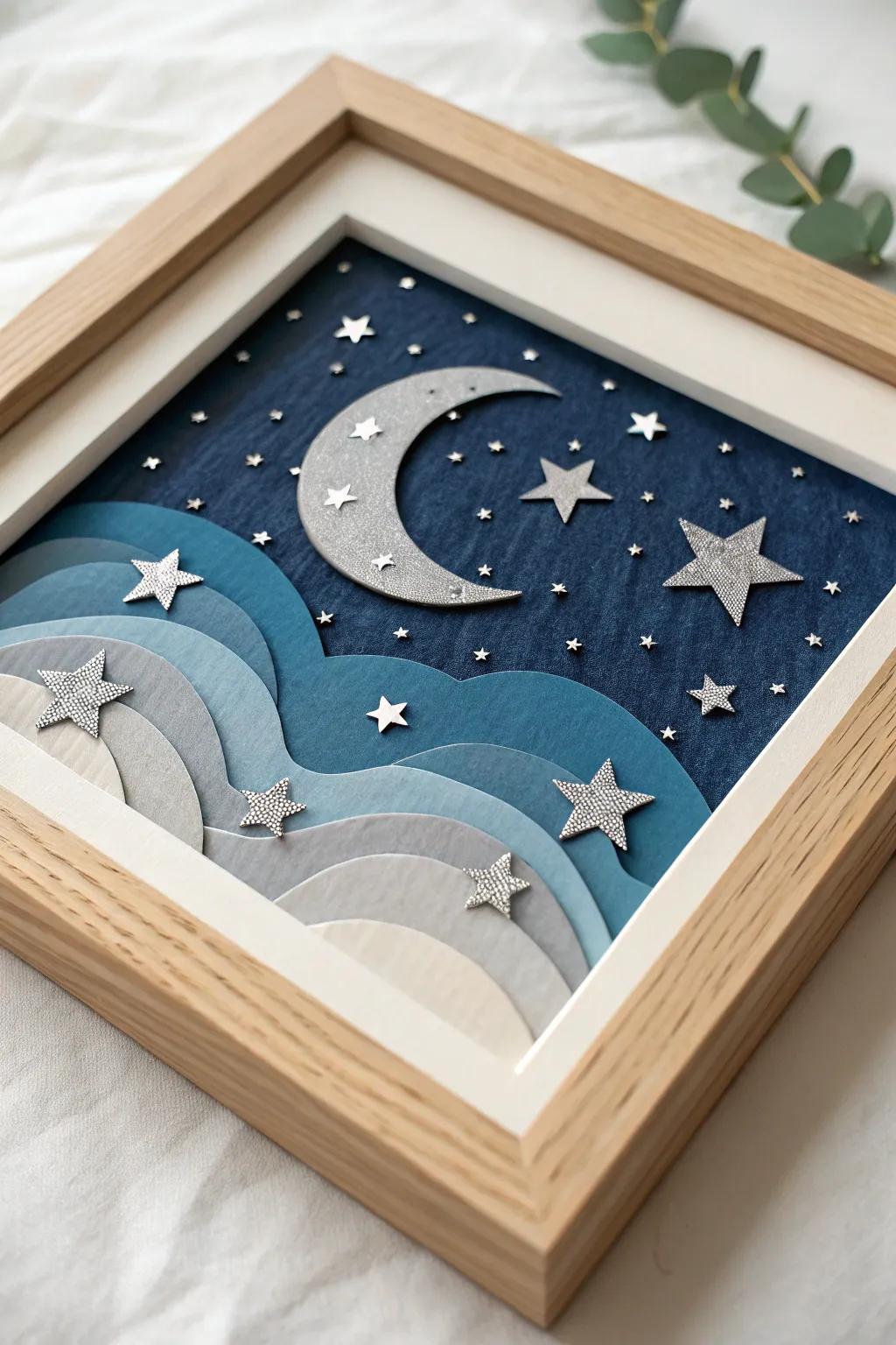 Escape to a serene nightscape, where simplicity meets elegance in this boho-inspired collage art.
