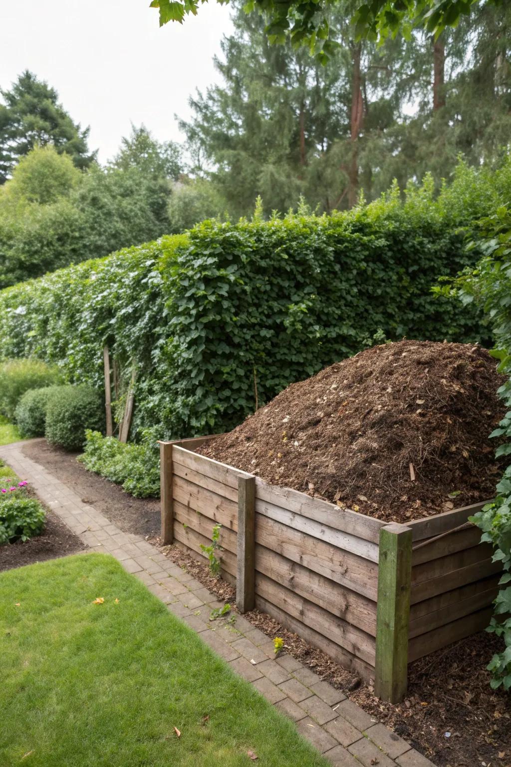 Seamlessly blend sustainability with style by hiding your compost behind a lush hedge for a tidy garden look.