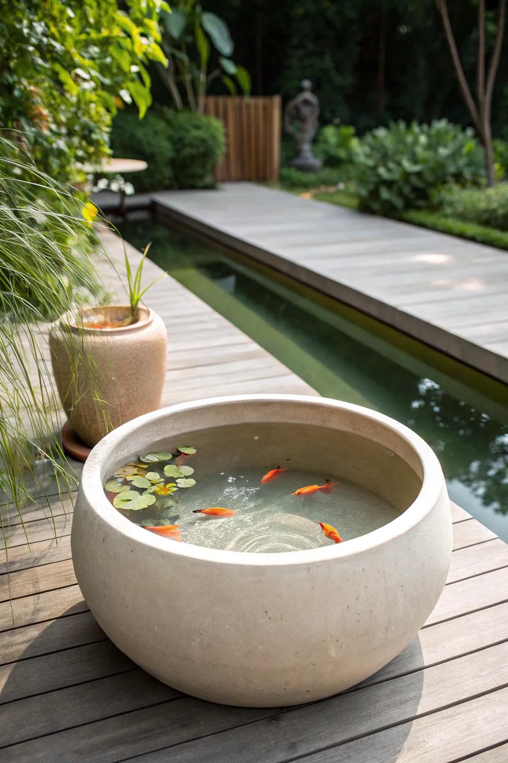 Find tranquility and vibrancy with a minimalist container pond and its joyful fish friends, perfect for your serene outdoor space.