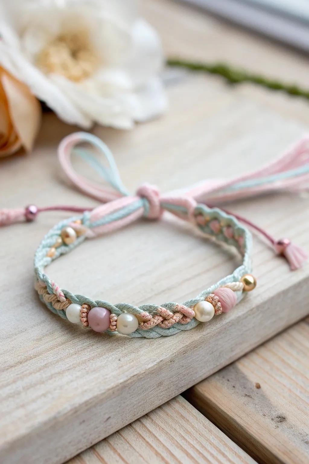 Upcycle with elegance: Embrace sustainable style with this charming recycled ribbon and bead bracelet.