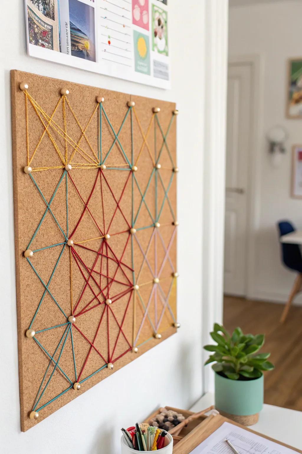 Transform your cork board into a stunning piece of art with colorful string designs.