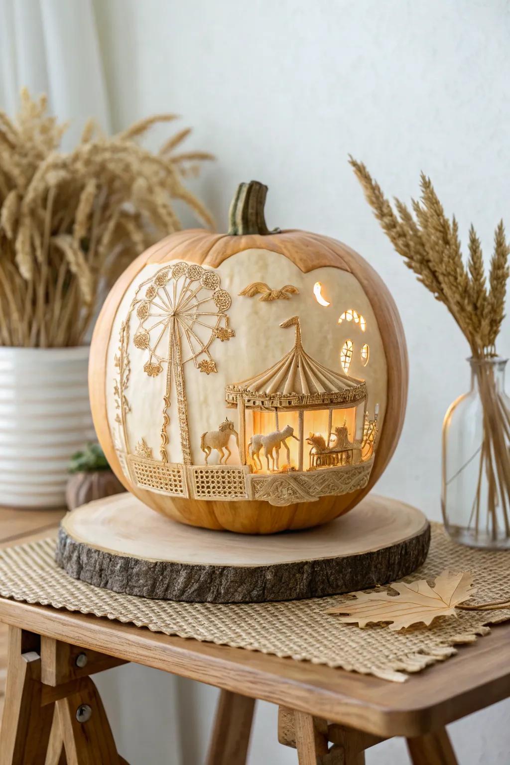 Relive the magic of a country fair with this enchanting pumpkin carving, blending nostalgia with minimalist elegance.