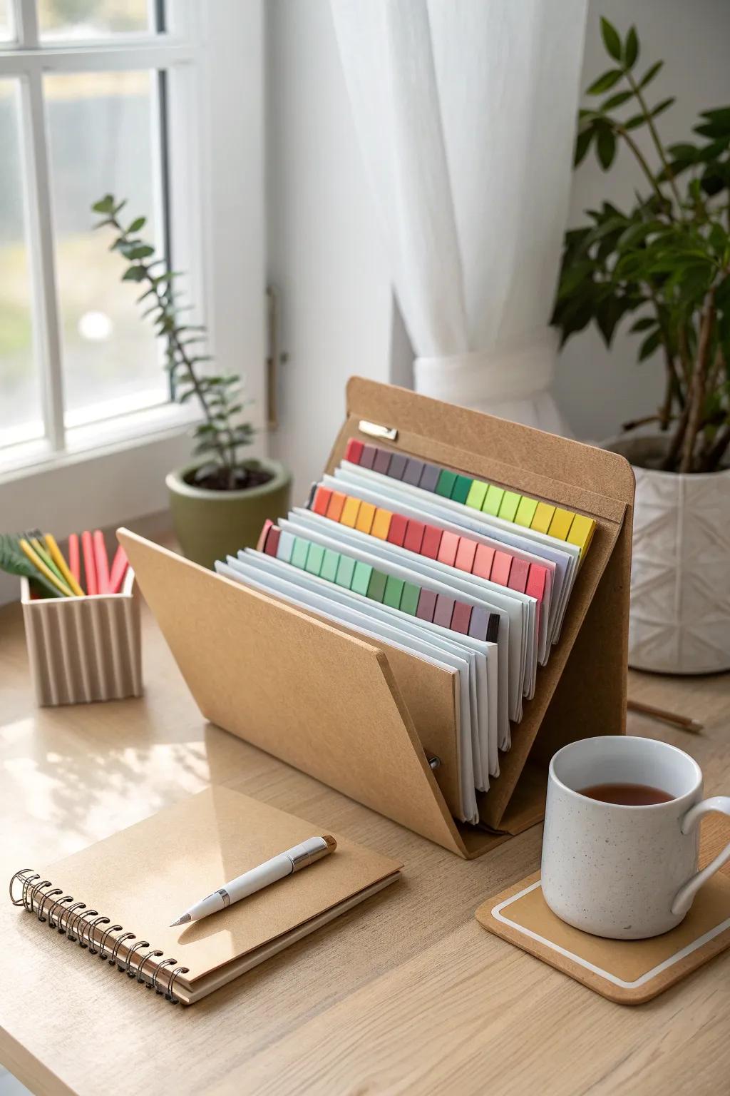 Transform your workspace with this chic paint swatch organizer that blends style and functionality effortlessly.