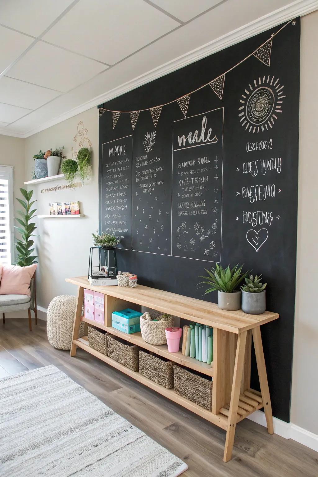 Transform your creative space with a chic chalkboard wall — perfect for capturing your spontaneous ideas in style.