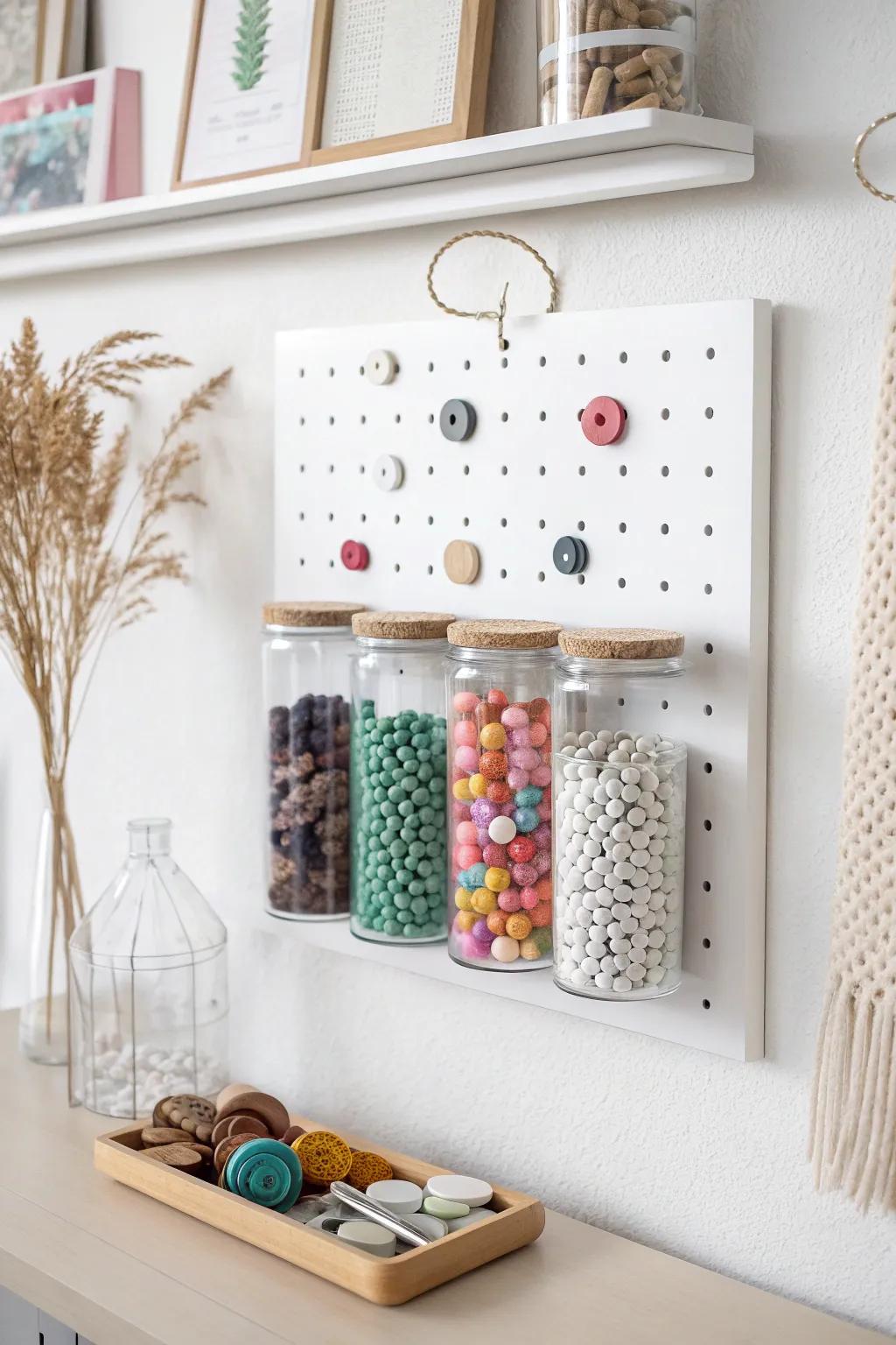 Transform your craft room with a minimalist pegboard display that blends Scandinavian simplicity with boho charm. #CraftRoomInspo #ScandinavianDesign