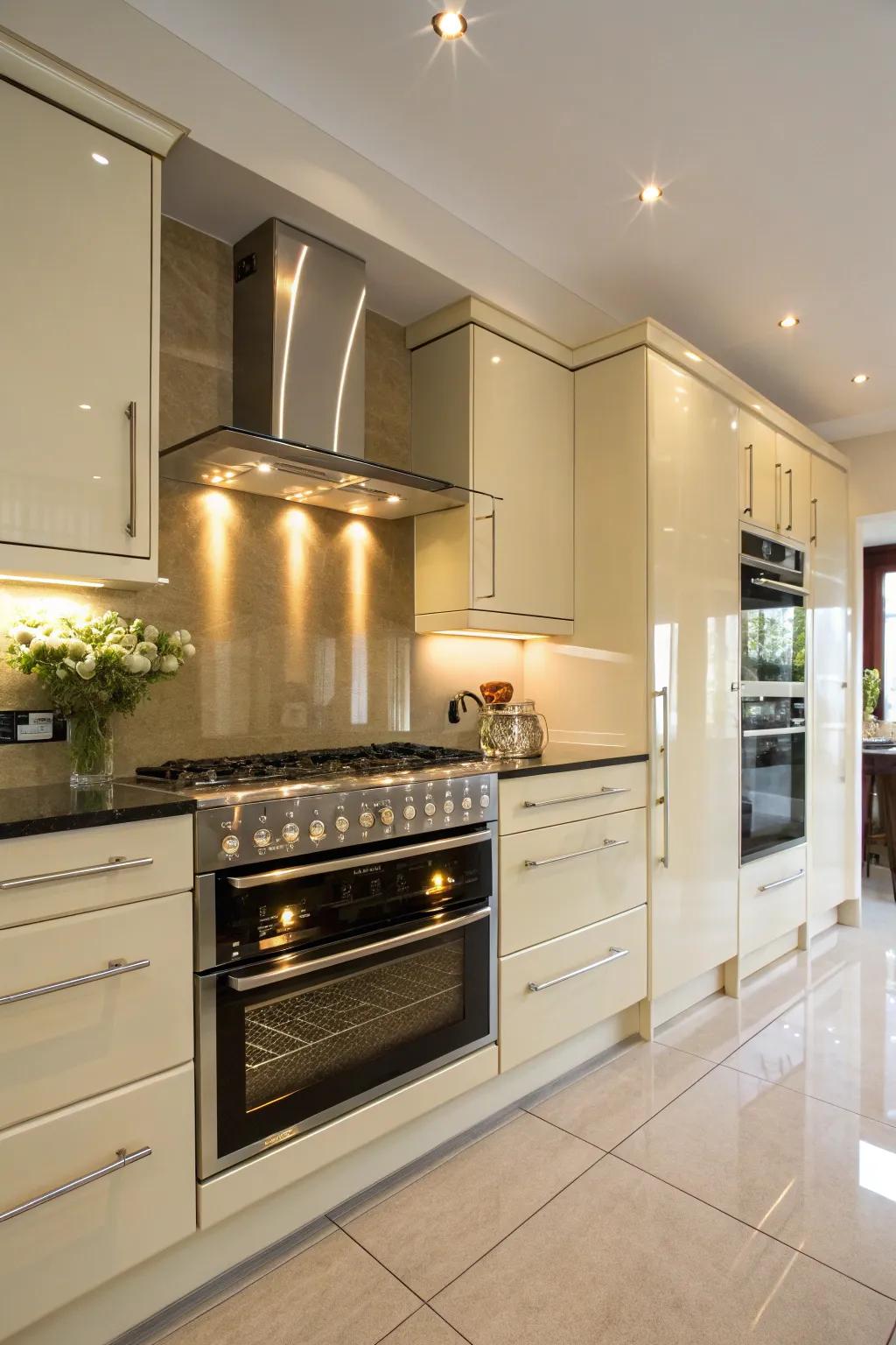 A statement appliance becoming a focal point in a cream gloss kitchen.
