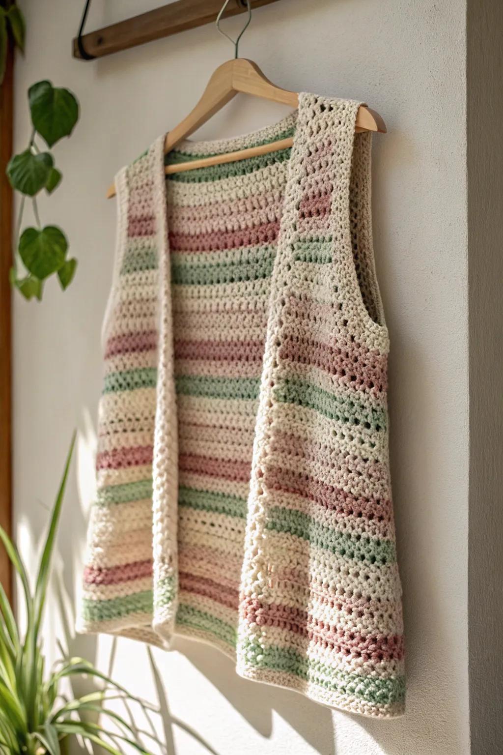 Elevate your casual style with this sporty chic crochet vest—perfect for a relaxed weekend vibe.