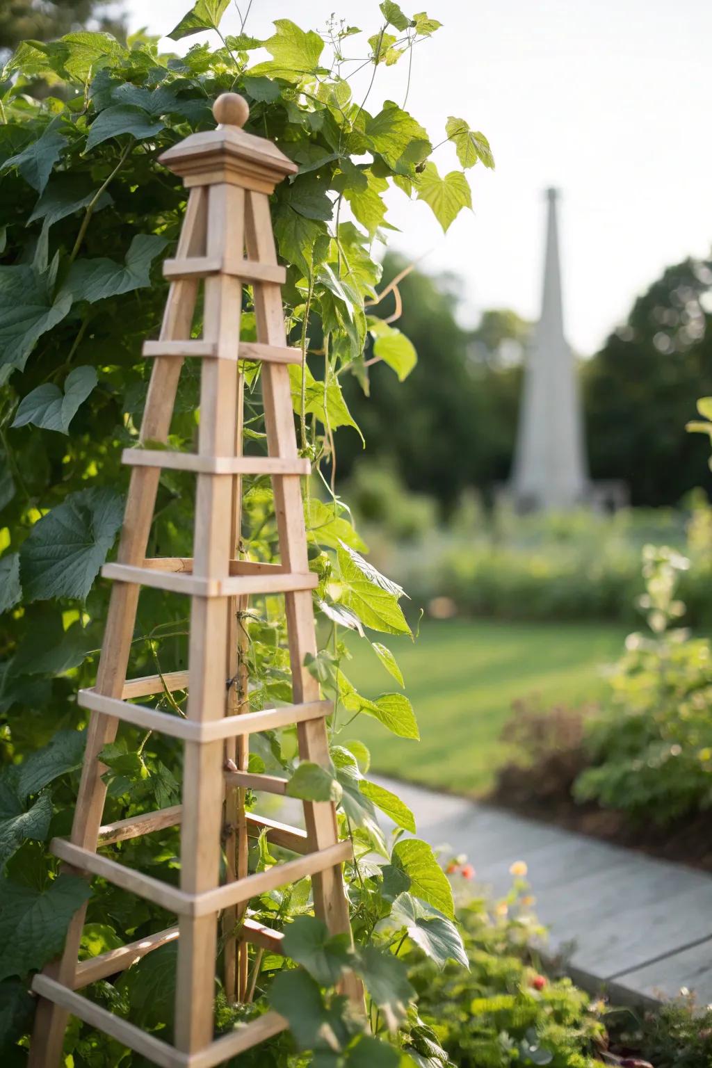 Elevate your garden's elegance with a decorative obelisk trellis that blends simplicity and natural beauty.