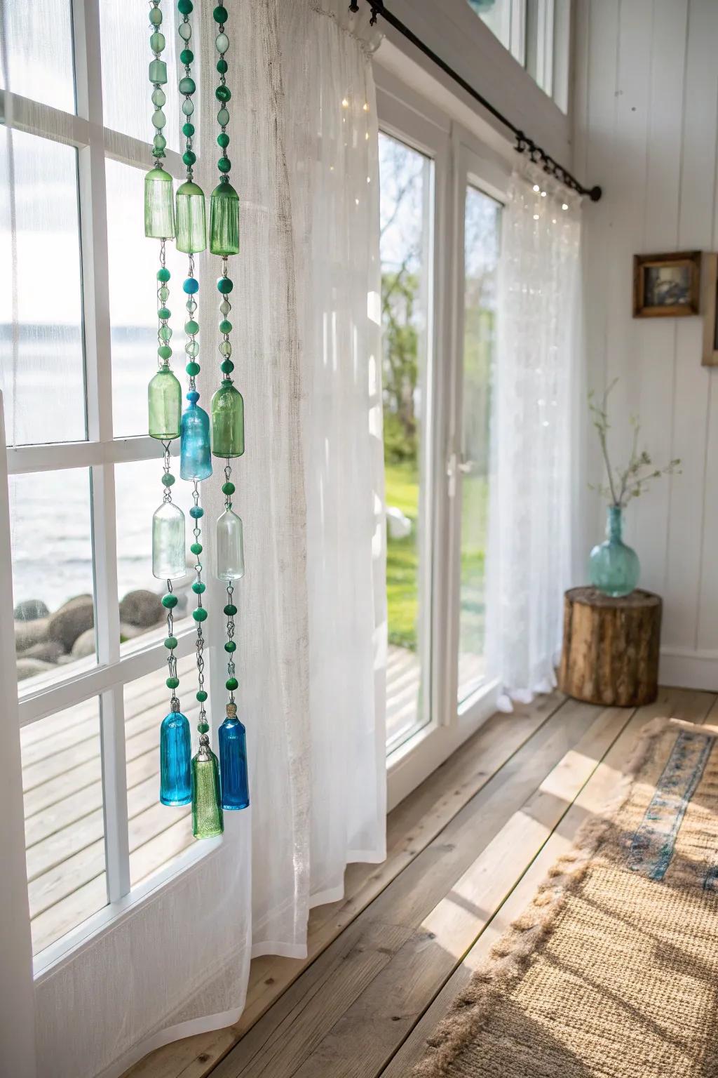 Add a touch of bohemian elegance with an upcycled bottle curtain—a perfect blend of Scandinavian simplicity and artistic flair.