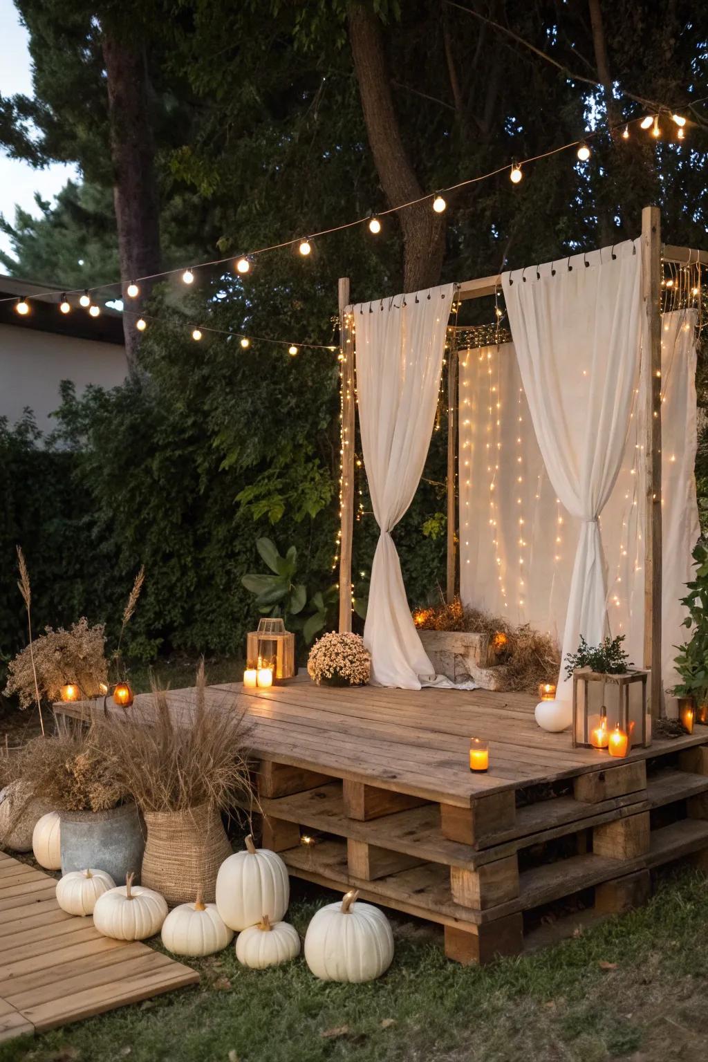 Transform your Halloween gatherings with a charming pallet stage—where simplicity meets spooky elegance.