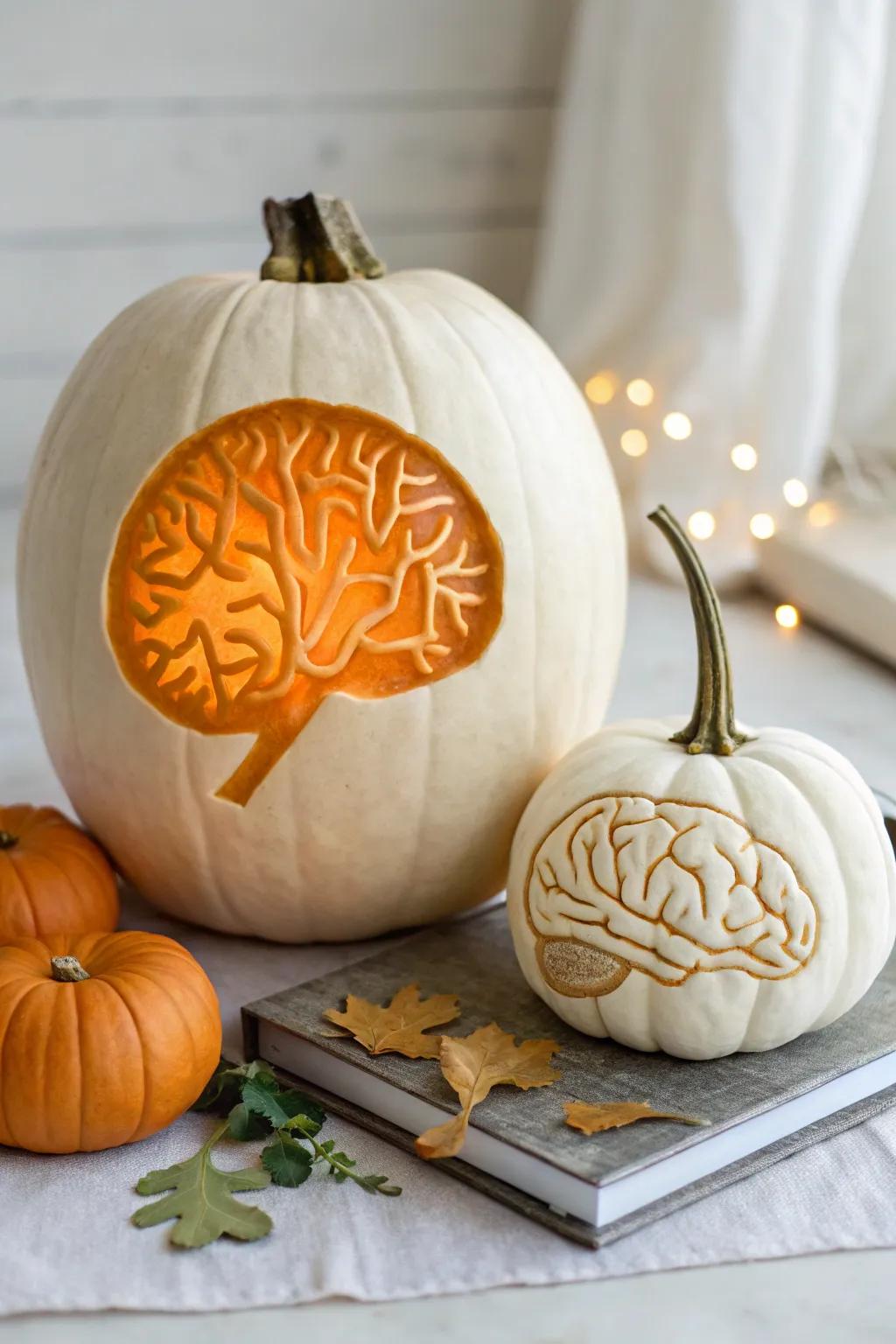 Elevate your Halloween decor with this clever 'Pumpkin with a Brain' idea—where minimalism meets spooky creativity!