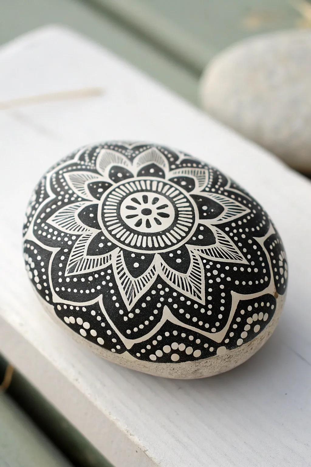 Discover the timeless elegance of monochrome artistry with this striking kindness rock design.
