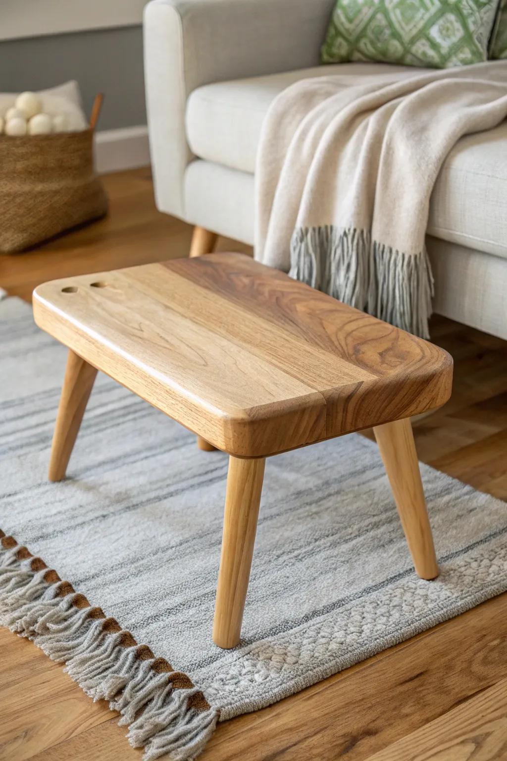 Transform your space with Scandinavian simplicity: a cutting board turned chic footstool top.