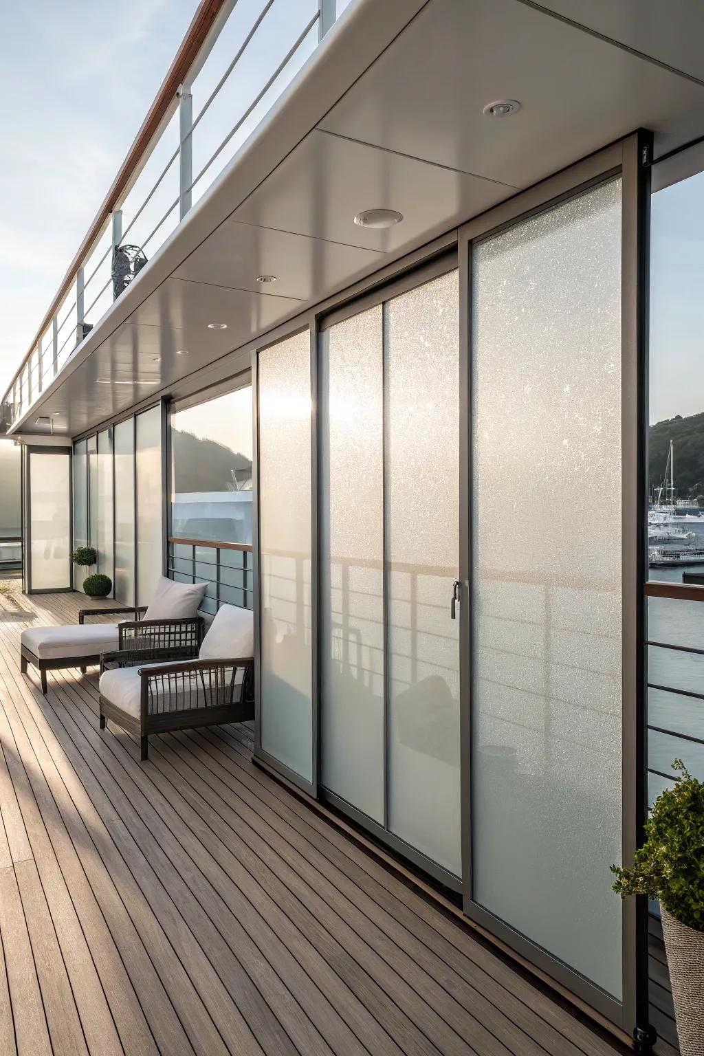 Elevate your deck's style with modern frosted glass panels for ultimate privacy and sleek design.