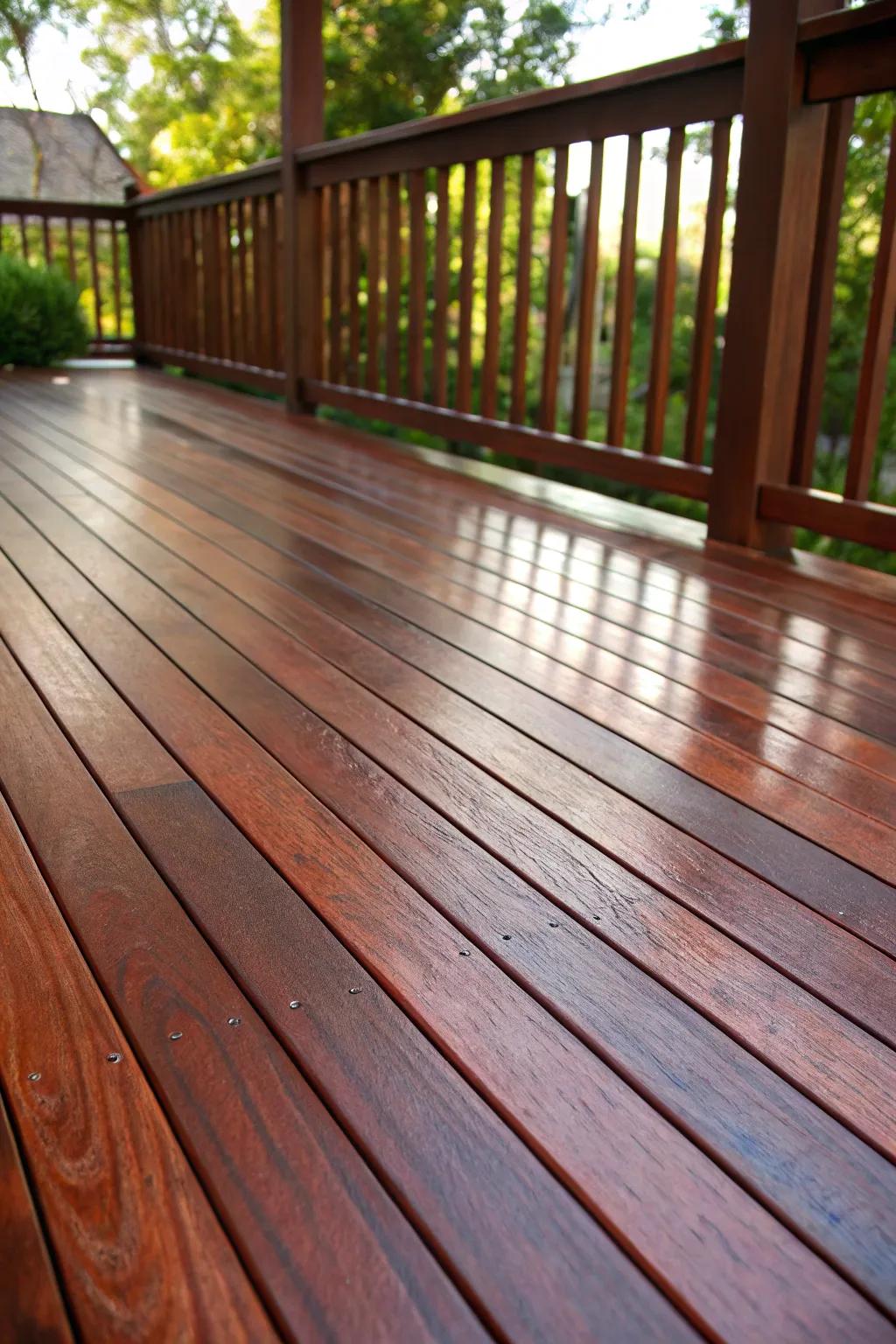 Embrace the warmth of timeless browns with a rich mahogany-stained deck, perfect for any natural setting.
