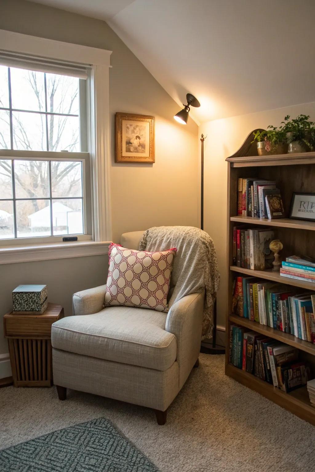 A cozy reading nook transforms a corner of a small bedroom.