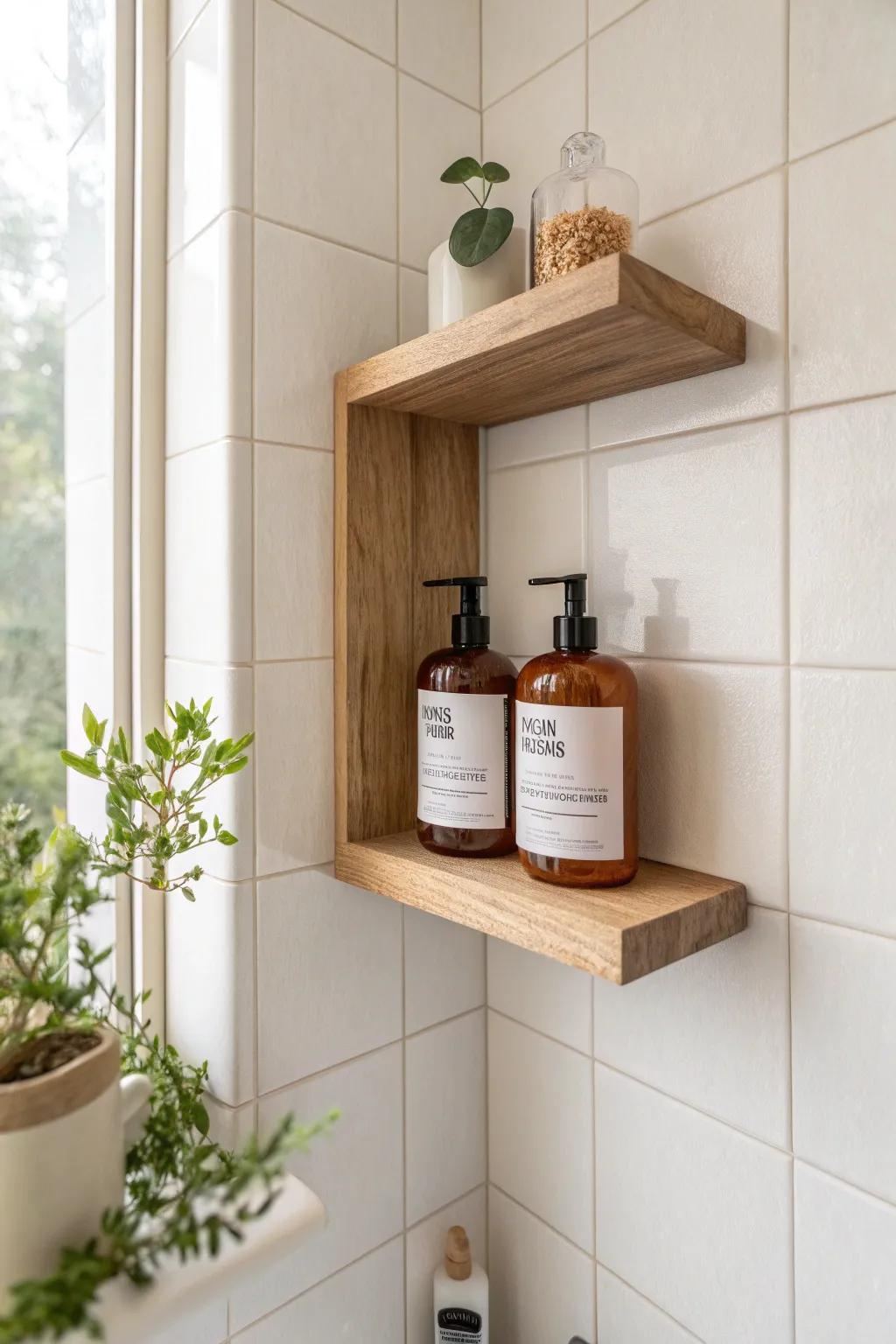 Elevate your shower space with a chic corner shelf for organized elegance.