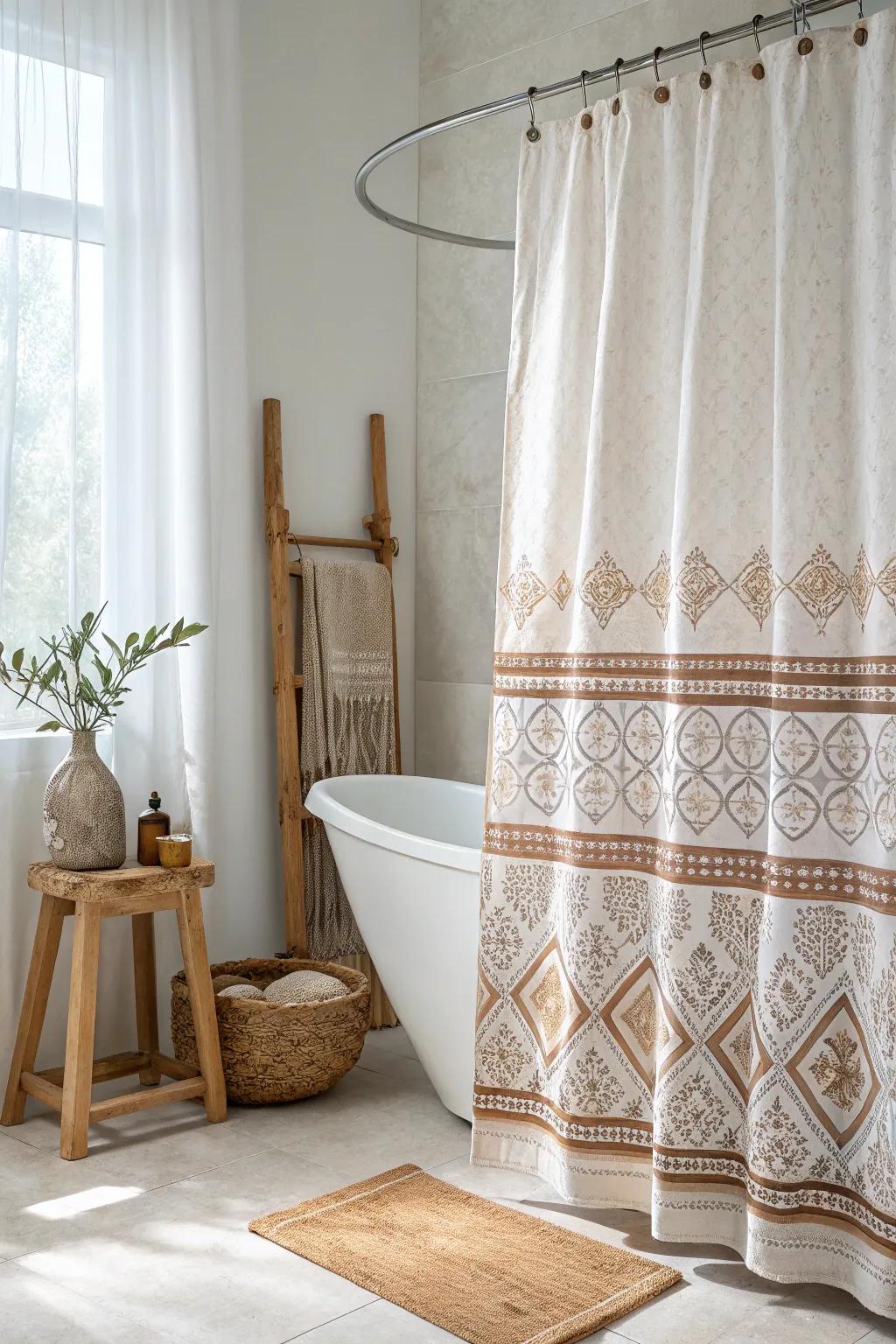 Elevate your bathroom with a boho-chic shower curtain that adds a touch of elegance and style.