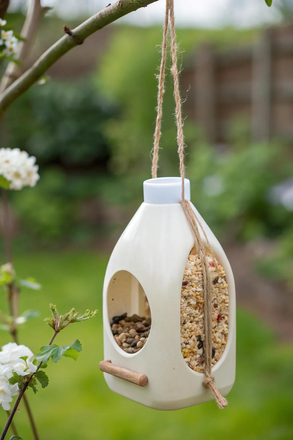 Crafting beauty from simplicity: A recycled milk jug transformed into a charming bird feeder.