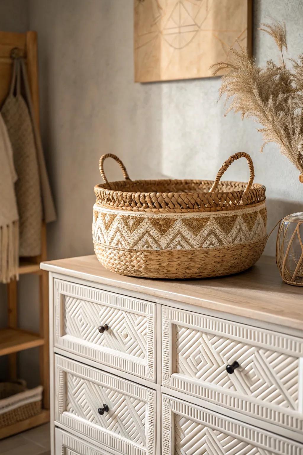 Transform your dresser with boho basket storage—where simplicity meets natural elegance.