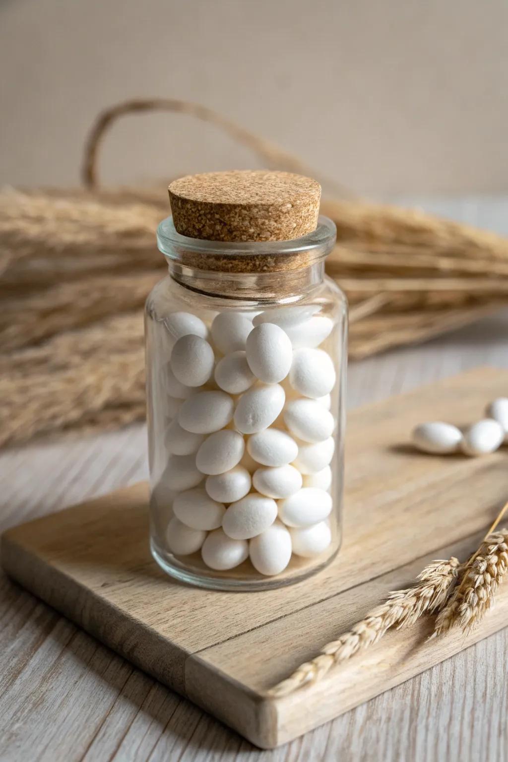 Elevate your space with minimalist elegance: All-white candies in a beautifully simple glass jar.