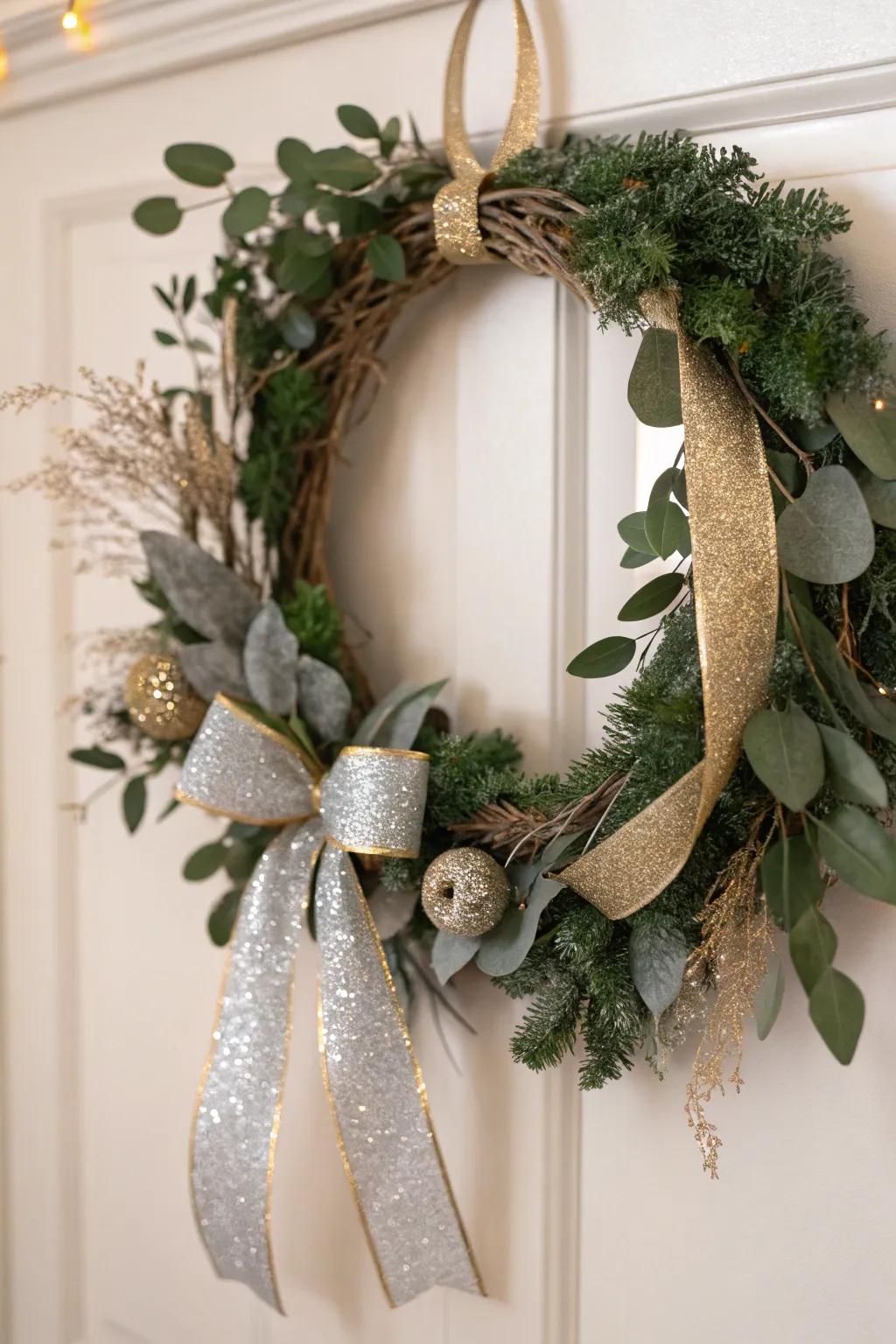 Add a touch of sparkle to your holiday decor with this glamorous DIY wreath, where minimalist elegance meets festive glitz.