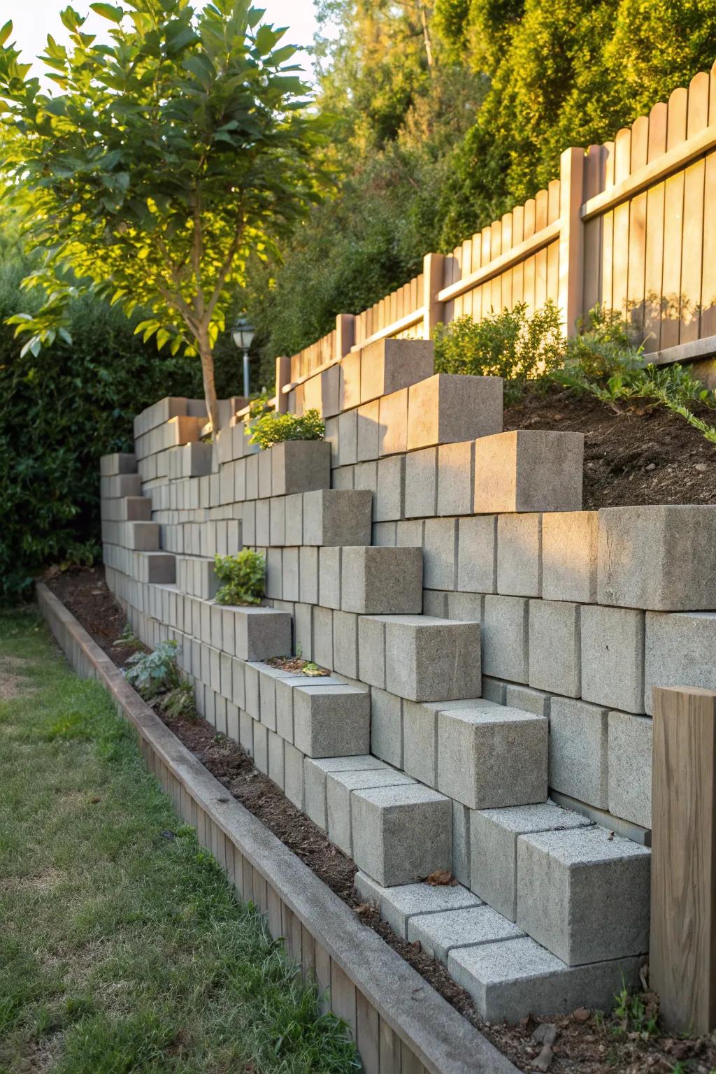 Elevate your backyard design with a tiered cinder block fence for a bold and dynamic look.