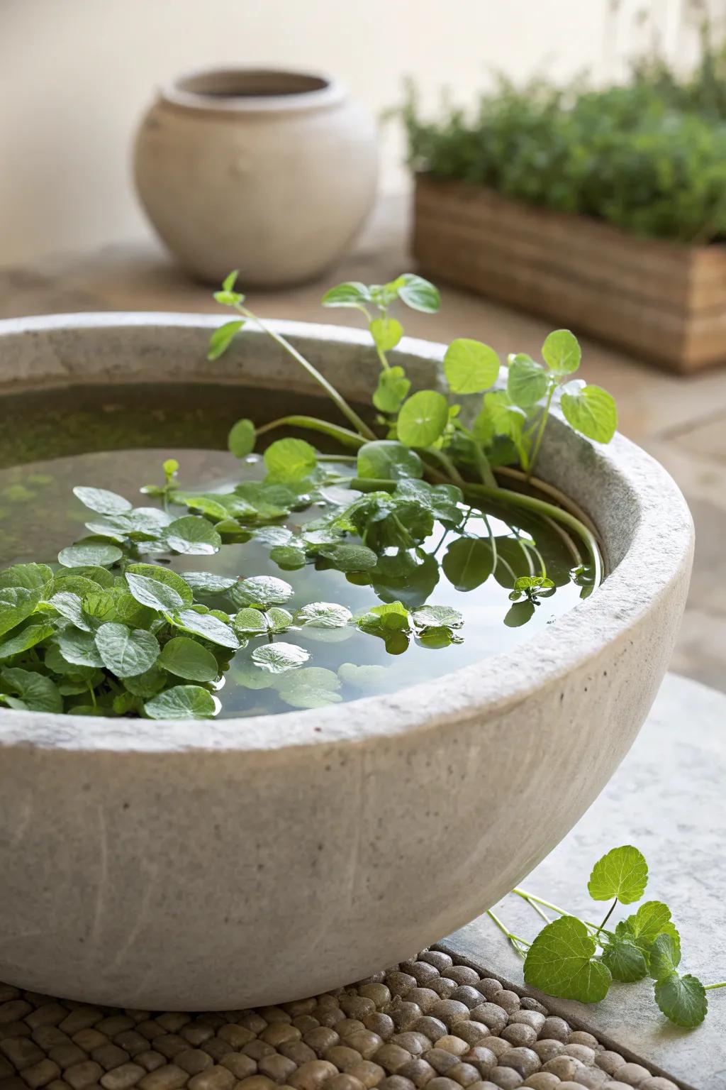 Embrace tranquility with a herb-infused pond, where simplicity meets natural beauty.