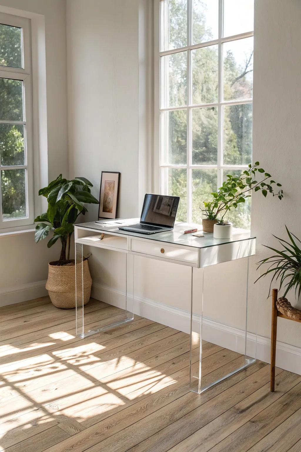 Elevate your workspace with an elegant acrylic desk that blends modernity and natural beauty.