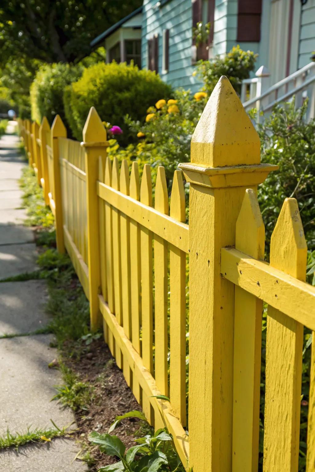 Revitalize your outdoor space with a bold, yellow picket fence that adds a splash of color to your yard.
