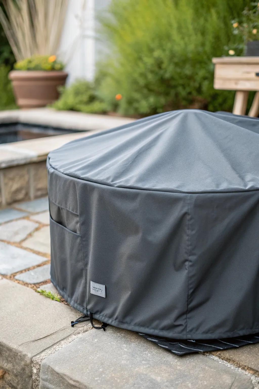 Elevate your outdoor space with a sleek, weatherproof firepit cover. Perfect blend of style and protection.