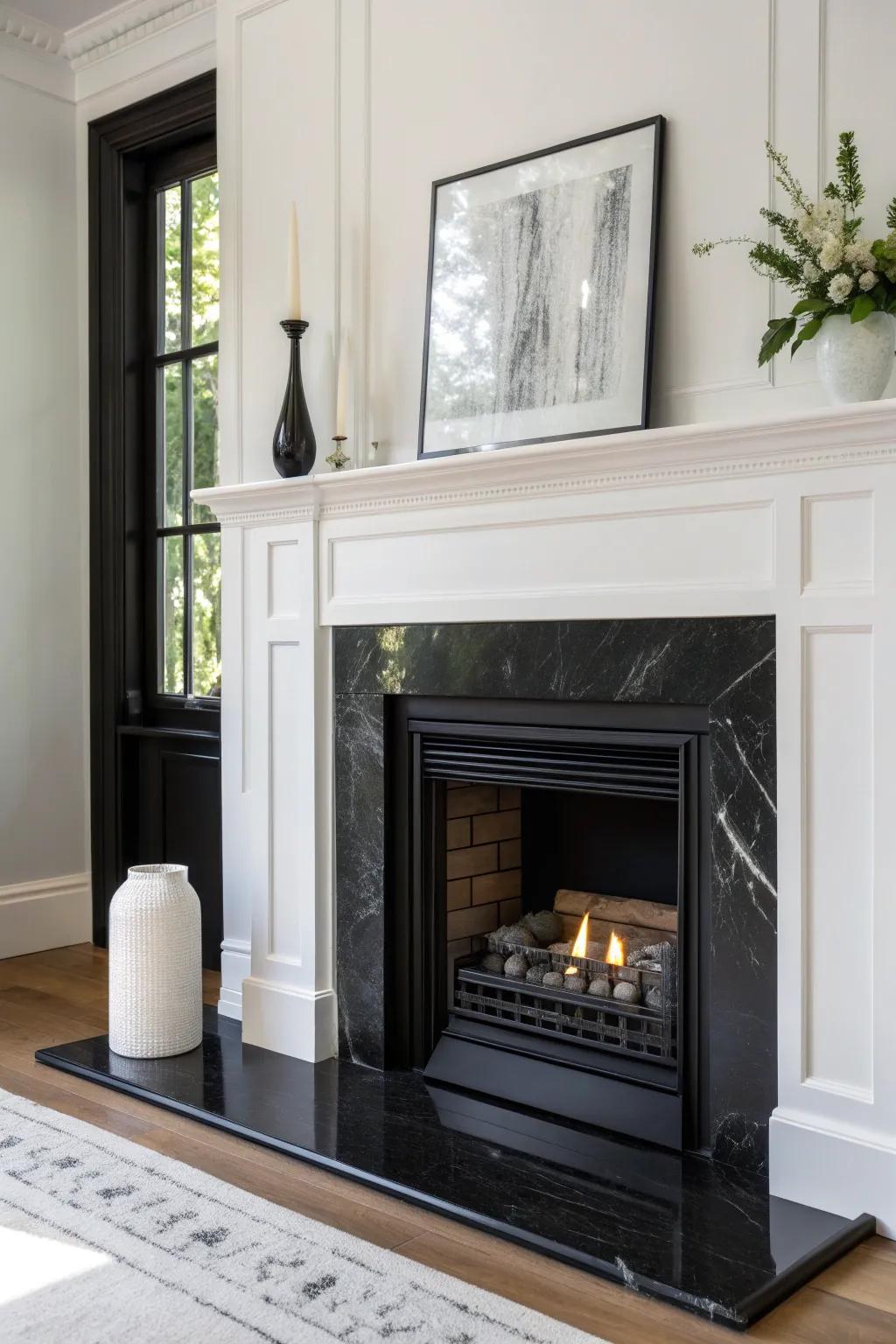 Elevate your space with timeless black and white elegance. #MinimalistStyle #FireplaceDesign